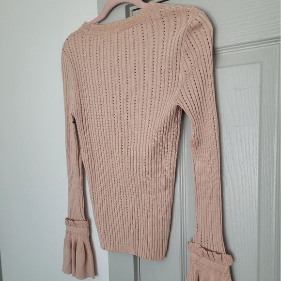 Jonathan Simkhai Perforated Knit Crewneck Pink Ribbed Sweater with Flared Cuffs - Picture 4 of 7